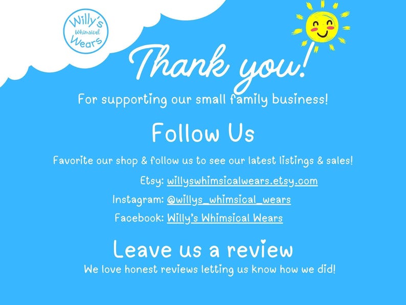 The image is a blue background with a white sun and clouds, along with a message expressing gratitude and providing information about the business.