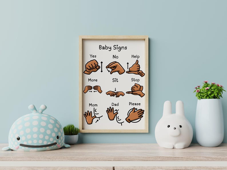 A baby sign language poster in a light wood frame hanging on a light blue wall above a shelf.
