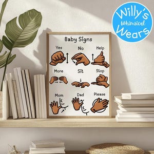 A framed baby sign language poster standing on a wooden shelf next to stacked books and a plant.