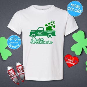 Personalized Truck Toddler St Patricks Day Shirt, Custom Saint Patricks Day Shamrock Kids Shirt, St Pattys Day Four Leaf Clover Lucky Shirt