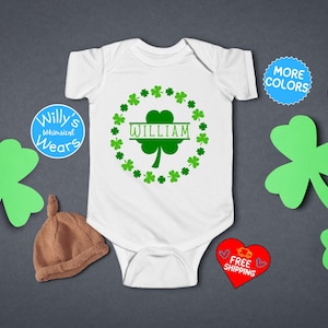 Personalized Lucky Charm Shamrock Outfit, Custom Name Saint Patricks Day Infant Bodysuit Four Leaf Clover Irish Baby St Patricks Day Onesie®