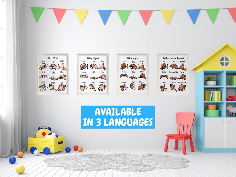 Four baby sign language posters in different languages displayed in a colorful playroom interior.