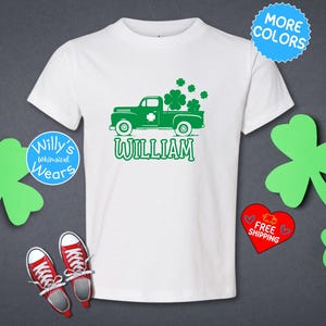 Personalized Truck Toddler St Patricks Day Shirt, Custom Saint Patricks Day Shamrock Kids Shirt, St Pattys Day Four Leaf Clover Lucky Shirt