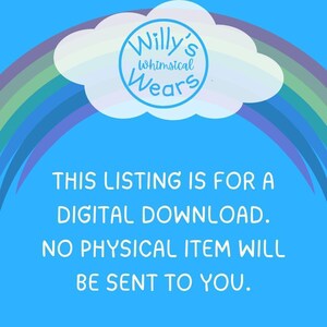 Blue digital download graphic with a rainbow and white cloud stating that this listing is for a digital item.