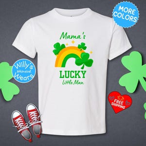 Toddler St Patricks Day Outfit, Saint Patricks Day Toddler Boy Gift, Mama&#39;s Lucky Little Man Four Leaf Clover, Rainbow Shamrock Lucky Shirt