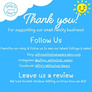 The image is a blue background with a white sun and clouds, along with a message expressing gratitude and providing information about the business.