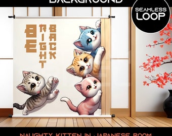 May include: Four animated cartoon kittens peeking around a corner in a Japanese-style room. The kittens are in various colors, including gray, orange, blue, and pink. The background is a white wall with a traditional Japanese sliding door. The text "RIGHT BACK" is written on the wall in a stylized font.