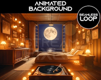 Geanimeerde gezellige vintage slaapkamer met naadloze loops uitzicht op de maan (digitale download)