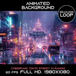 May include: Animated background featuring a cyberpunk Tokyo street scene with neon lights, rain, and cars driving through the city. The text "SEAMLESS LOOP" is in the upper right corner. The text "CYBERPUNK TOKYO STREET IN RAINING" is at the bottom of the image. The text "60 FPS FULL HD. 1980x1080" is at the bottom of the image.