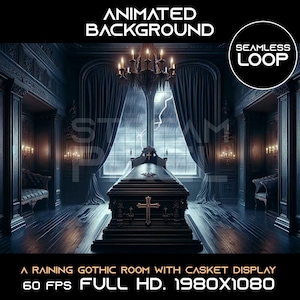 May include: A dark, gothic room with a black casket in the center. The room has a large window with rain and lightning outside. The text "A RAINING GOTHIC ROOM WITH CASKET DISPLAY" and "60 FPS FULL HD. 1980×1080" is at the bottom of the image.