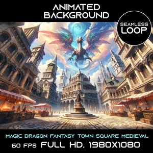 Peut inclure: Fond d'écran animé représentant une place de ville fantastique avec un grand dragon bleu, vert et violet volant au-dessus. La place de la ville est remplie de bâtiments, de personnes et de stands de marché. Le texte "MAGIC DRAGON FANTASY TOWN SQUARE MEDIEVAL" et "60 FPS FULL HD. 1980×1080" est en bas de l'image.