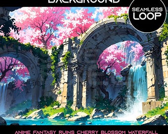 Geanimeerde anime-fantasieruïnes Cherry Blossom Waterfall Stream Background: naadloze loops digitale download