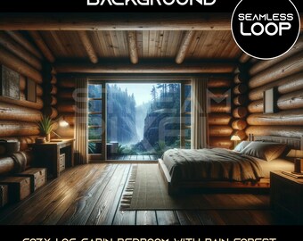 May include: A cozy log cabin bedroom with a large window overlooking a lush green rainforest. The bed is made with a brown blanket and pillows. The room has a wooden floor and a wooden ceiling. The text "COZY LOG CABIN BEDROOM WITH RAIN FOREST" is at the bottom of the image. The text "60 FPS FULL HD. 1980×1080" is below the first text.