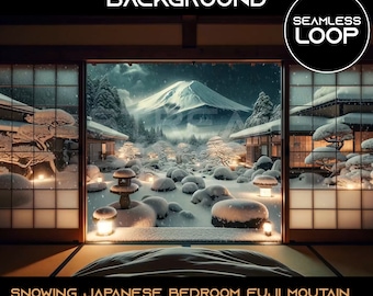 Geanimeerde virtuele achtergrond Japanse slaapkamer, sneeuwt Fuji-berg (naadloze lus)