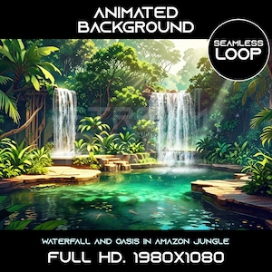 Animated Waterfall Oasis Virtual Background: Seamless Loop (Digital Download)