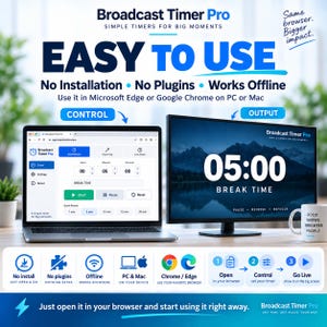 May include: A laptop and a computer monitor displaying the Broadcast Timer Pro interface. The screen shows a 05:00 break time countdown. Text includes Easy to Use, No Installation, No Plugins, Works Offline, and instructions for browser use.