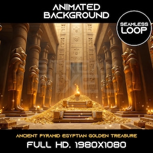 May include: An animated background featuring a golden treasure pile in an ancient Egyptian pyramid. The scene is lit by a flickering flame and surrounded by golden statues. The text "ANCIENT PYRAMID EGYPTIAN GOLDEN TREASURE" and "FULL HD. 1980X1080" is displayed at the bottom of the image.