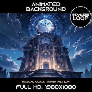 May include: An animated background featuring a magical clock tower with a glowing blue clock face. The tower is set against a night sky with stars and shooting stars. The text "Magical Clock Tower Meteor" and "Full HD. 1980x1080" is displayed at the bottom of the image.