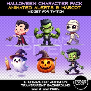 Op de afbeelding: Een Halloween-thema grafiek met zes geanimeerde karakters: een vampier, een groen monster, een mummie, een spook met een heksenhoed, een pompoen en een zombie. De tekst luidt "HALLOWEEN CHARACTER PACK ANIMATED ALERTS & MASCOT WIDGET FOR TWITCH".