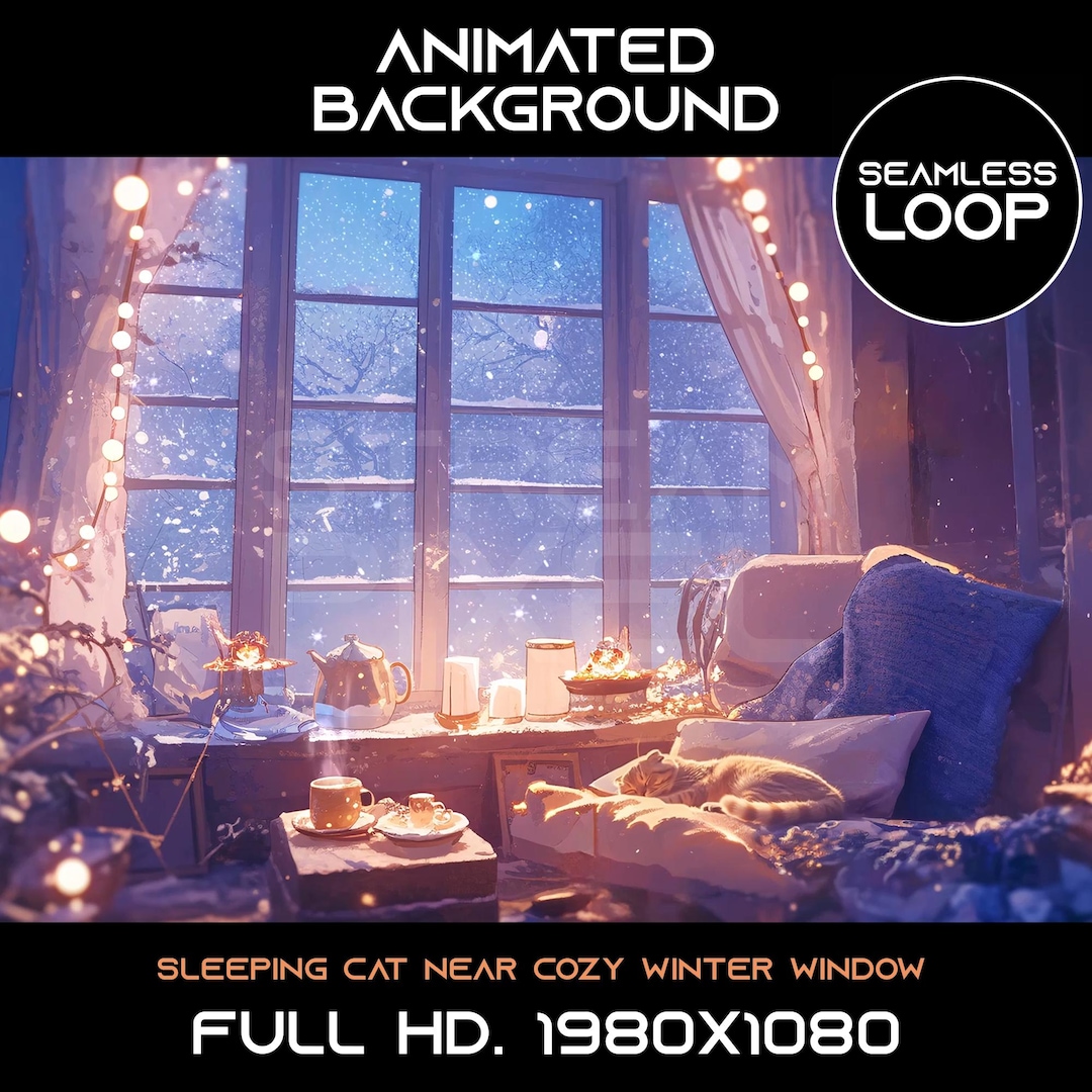 Animated Sleeping Cat Winter Window Virtual Background: Seamless Loop ...