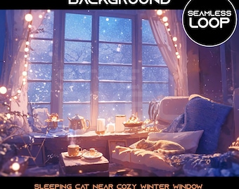 May include: An animated background image of a cozy winter scene. A cat sleeps near a window with falling snow. The scene includes a lit window, a teapot, candles, and a coffee table. The text reads "Animated Background" and "Seamless Loop".