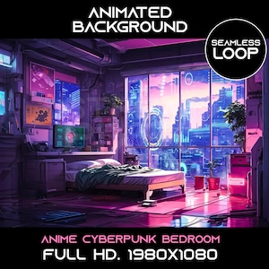 Animated virtual background seamless loop Anime cyberpunk bedroom  vtuber twitch overlay zoom streaming for streamer