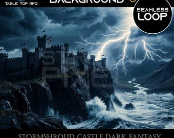 Geanimeerde achtergrond Stormshroud Castle: Dark Fantasy DnD-scène (digitale download)