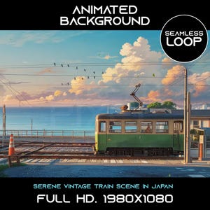 以下が含まれることがあります： 青い海と雲の空を背景に、海岸線を走る緑色のレトロな電車のアニメーション背景。右上に「SEAMLESS LOOP」の文字。画像の下部に「FULL HD. 1980X1080」の文字。解像度のテキストの上に「SERENE VINTAGE TRAIN SCENE IN JAPAN」の文字があります。