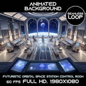 May include: A futuristic orbital space station control room with a large window overlooking space. The room features multiple control panels, chairs, and the text "ANIMATED BACKGROUND" and "SEAMLESS LOOP". The video is 60 FPS and in Full HD 1980x1080.