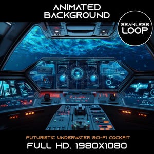 Puede incluir: Cabina de ciencia ficción submarina futurista con fondo animado. La cabina presenta múltiples pantallas que muestran datos y una vista del océano. La imagen está etiquetada como "Animated Background" y "Seamless Loop."