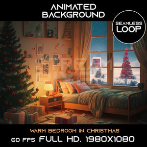 Geanimeerde achtergrond naadloze warme slaapkamer in kerst vtuber twitch-overlay zoomstreaming voor streamer