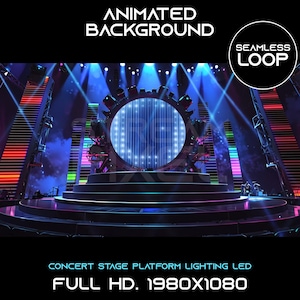 Könnte beinhalten: Animierter Hintergrund mit einer Konzertbühne, Beleuchtung und LED-Bildschirmen. Die Bühne ist mit bunten Lichtern beleuchtet und hat einen großen runden Bildschirm in der Mitte. Der Text "FULL HD. 1980x1080" wird am unteren Rand des Bildes angezeigt.