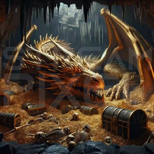 May include: A golden dragon sleeps on a pile of gold coins in a dark cave. The dragon's wings are spread out and its head is resting on the coins. There are several treasure chests scattered around the dragon.