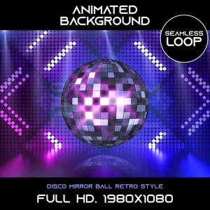 May include: Animated background featuring a disco mirror ball in a retro style. The image has a purple and blue color scheme with a seamless loop design. The text "FULL HD. 1980X1080" is displayed at the bottom.