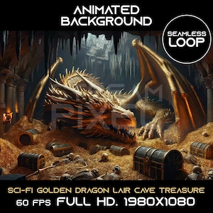 virtual background, Vtuber loop, twitch overlay, streaming background, twitch stream, Vtuber room, animate wallpaper, zoom background, scene seamless loop, stream overlay, sci-fi, golden dragon, lair, cave treasure
