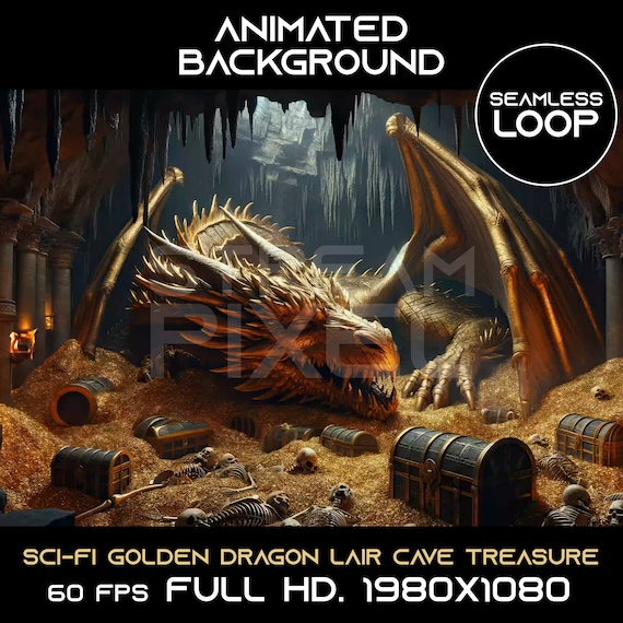 Animated Golden Dragon Lair Sci-Fi Treasure Cave Background: Seamless Loop (Digital Download)