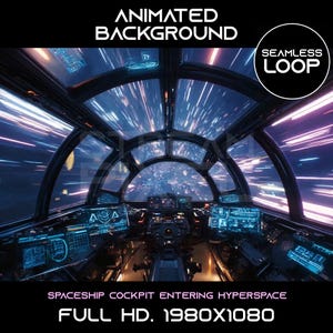 May include: A digital animation of a spaceship cockpit entering hyperspace. The cockpit is filled with glowing blue and green screens and controls. The background shows streaks of light as the ship travels through space. Text reads "ANIMATED BACKGROUND" and "SEAMLESS LOOP".