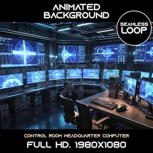 May include: A dark blue control room with multiple computer monitors displaying animated graphics. The monitors are arranged in rows on a large desk with a keyboard and mouse. The text "CONTROL ROOM HEADQUARTER COMPUTER FULL HD. 1980X1080" is displayed at the bottom of the image.
