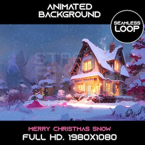 Animated virtual background seamless loop Merry Christmas snow house vtuber twitch overlay zoom streaming for streamer