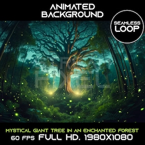 Geanimeerde virtuele achtergrond naadloos Mystieke gigantische boom in een betoverd bos Lofi vtuber twitch-overlay zoomstreaming voor streamer