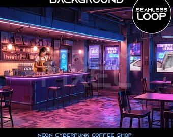 Geanimeerde neon cyberpunk coffeeshop streamachtergrond: naadloze loops digitale download