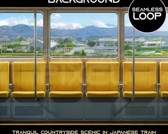 May include: Animated background image showing a tranquil countryside scenic view from a Japanese train. The image features yellow seats, windows with a view of mountains and buildings, and the text "FULL HD. 1980X1080". The words "ANIMATED BACKGROUND" and "SEAMLESS LOOP" are also visible.