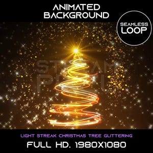 May include: Animated background with a glowing gold Christmas tree made of light streaks. The background is filled with sparkling gold stars and confetti. The text "Seamless Loop" is in the top right corner. The text "Light Streak Christmas Tree Glittering" is at the bottom of the image. The text "Full HD. 1980x1080" is at the bottom center of the image.