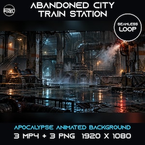 Könnte beinhalten: Ein animierter Hintergrund mit dem Titel ABANDONED CITY TRAIN STATION, der ein dunkles, industrielles Interieur mit Rohren, Dampf und Wasser zeigt. Der Text enthält SEAMLESS LOOP, APOCALYPSE ANIMATED BACKGROUND, 3 MP4 + 3 PNG und 1920 X 1080.