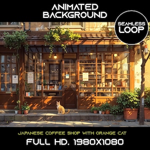 Puede incluir: Un fondo animado que presenta una cafetería japonesa con un gato naranja sentado en la acera. La tienda tiene grandes ventanales y estantes llenos de libros y tazas. El texto "SEAMLESS LOOP" y "FULL HD. 1980X1080" es visible en la imagen.