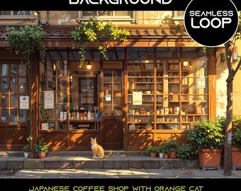 Geanimeerde gezellige Japanse coffeeshop achtergrond oranje kat: naadloze loops (digitale download)