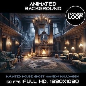 Animated virtual background seamless loop haunted house ghost mansion halloween vtuber twitch overlay zoom streaming for streamer