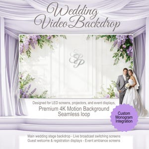 May include: A wedding video backdrop with the text "Wedding Video Backdrop". The backdrop features a white wall design with floral accents and a monogram. A couple stands in front of the backdrop. Text on the backdrop includes "Premium 4K Motion Background".
