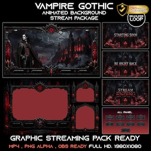 May include: A Vampire Gothic animated stream package featuring a dark castle, bats, and a vampire character. Includes overlays with red and black gothic frames, text screens for Starting Soon, Be Right Back, Stream Ending, and various panels in 1980x1080.