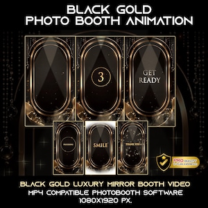 Può includere: Un set di animazioni digitali per cabine fotografiche in nero e oro con sei cornici verticali dai bordi ovali. Il testo include "BLACK GOLD PHOTO BOOTH ANIMATION", "3", "GET READY", "PROCESSING", "SMILE" e "THANK YOU". Il design presenta accenti dorati e scintillii.
